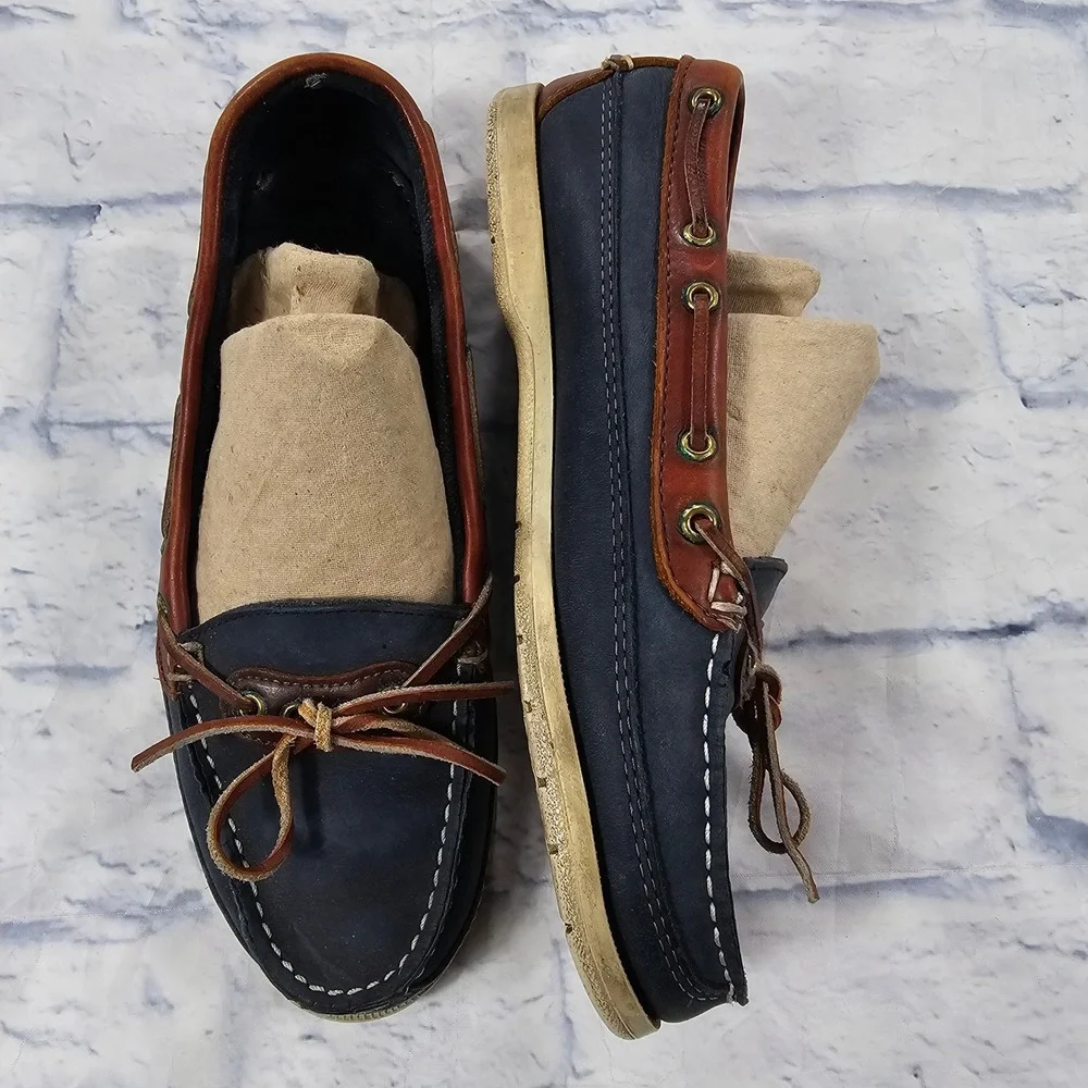 Sebago Docksides Boat Shoes Mens 8.5 Navy Blue Brown Leather Nautical Made USA